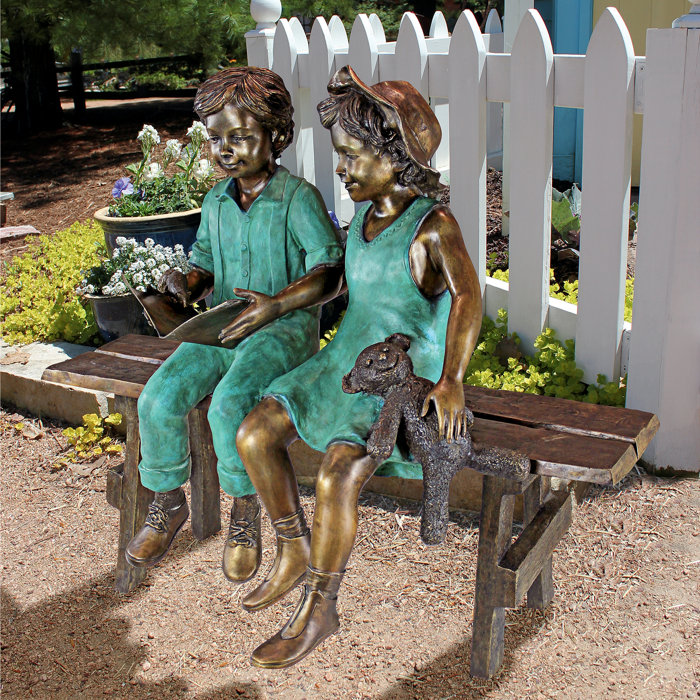 Design Toscano Read to Me Boy and Girl on Bench Cast Garden Statue